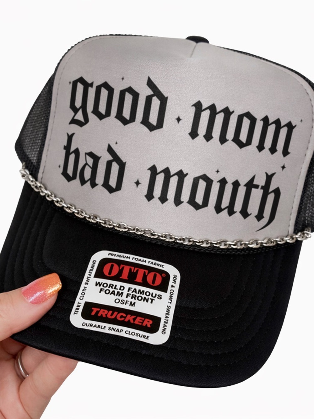 OTTO Black and Gray 'good mom bad mouth' Trucker Hat with Chain